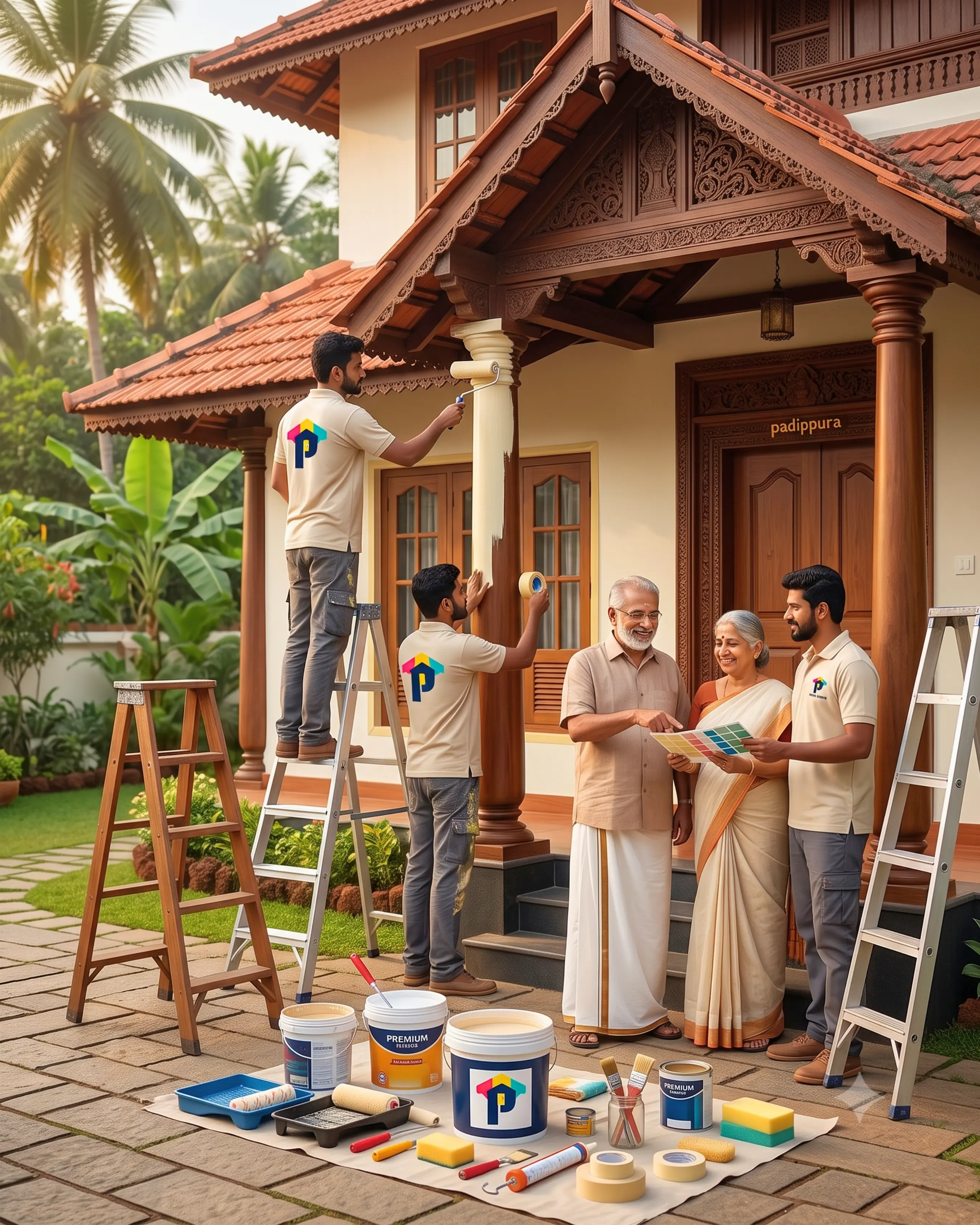 Our Professional Painting Team in Action Professional painting company crew executing exterior wall painting in Kozhikode Kerala